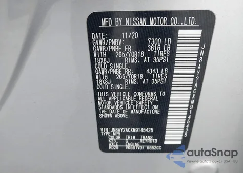 2021 Nissan Armada Sv 2Wd из США, поврежденный, VIN JN8AY2ACXM9145425